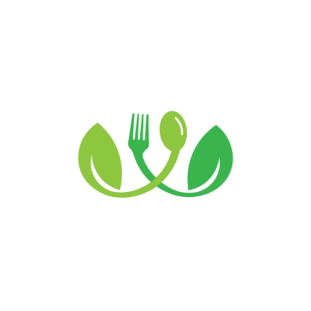 Logotipo de concepto de logotipo de alimentos saludables con el símbolo de una cuchara, un tenedor y una hoja. Puede ser para restaurantes. Logotipos de sitios web de productos de alimentos saludables para consultores de alimentos y otros.