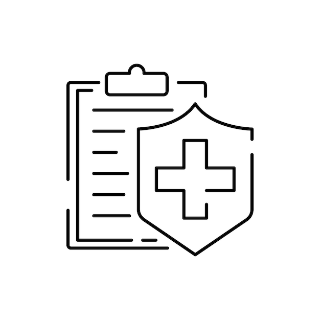 Logotipo de concepto de póliza de seguro médico tarjeta de medicina check up conjunto de tablero de clip de servicios icono de línea vectorial Guardar y proteger