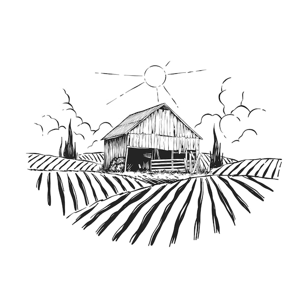 Logotipo conceptual de la granja y los campos etiqueta para productos agrícolas naturales logotipo negro aislado