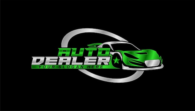 El logotipo del concesionario de automóviles, el emblema, la silueta, el icono, la plantilla de diseño, los automóviles, la sala de exposiciones de automóviles deportivos, el garaje.