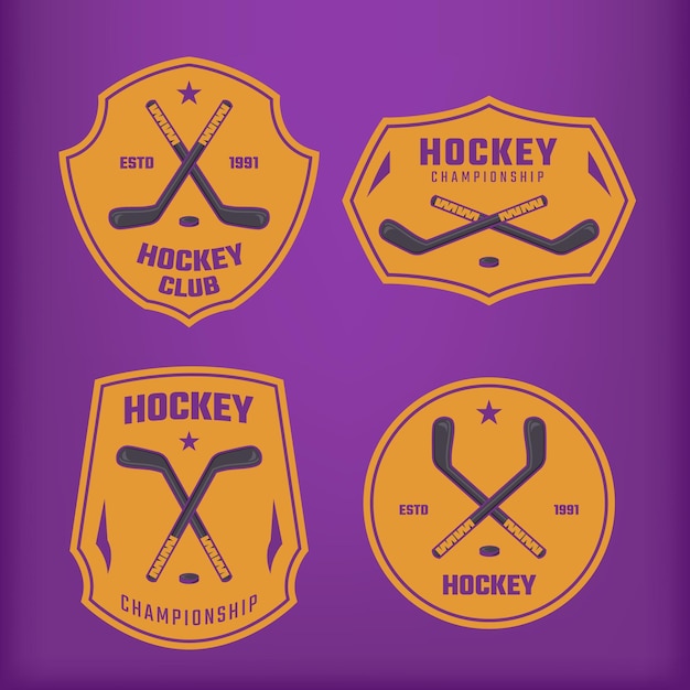 Logotipo de conjunto elegante de hockey profesional moderno para equipo deportivo sobre fondo púrpura