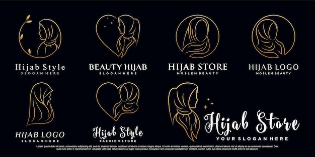 Logotipo de conjunto de iconos de belleza hijab o hijab store con estilo de arte lineal y concepto creativo vector premium