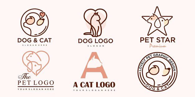 Logotipo de conjunto de iconos de cuidado de mascotas con símbolo de silueta de perro y gato para el hospital de la clínica veterinaria de la tienda