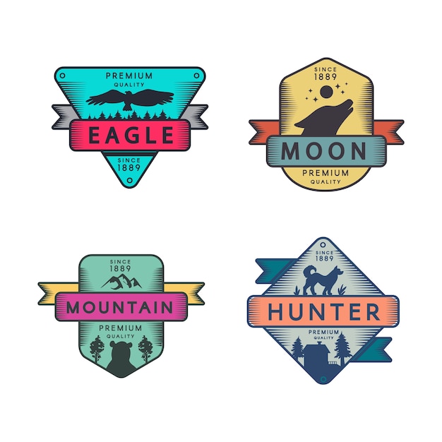 Logotipo de conjunto de insignias de águila y montaña, luna y cazador.