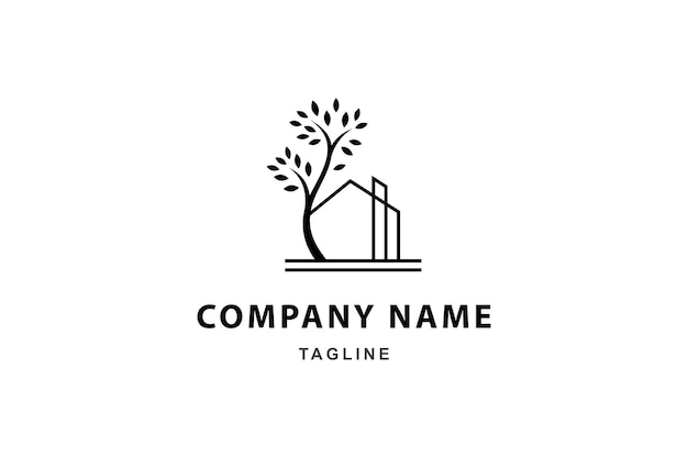 logotipo de construcción de casa minimalista con plantas de árboles en estilo de diseño artístico de línea plana