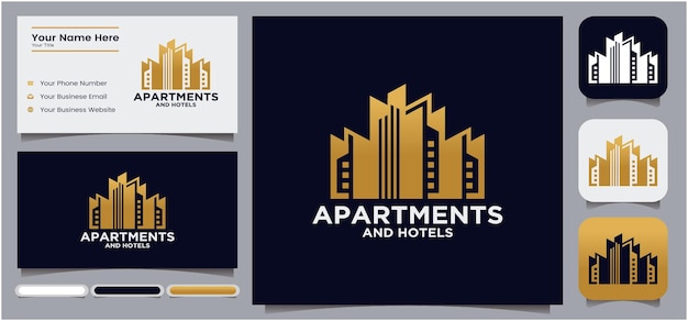 Logotipo de construcción de edificios de apartamentos y hoteles con pantalla de tarjetas de presentación e íconos de redes sociales