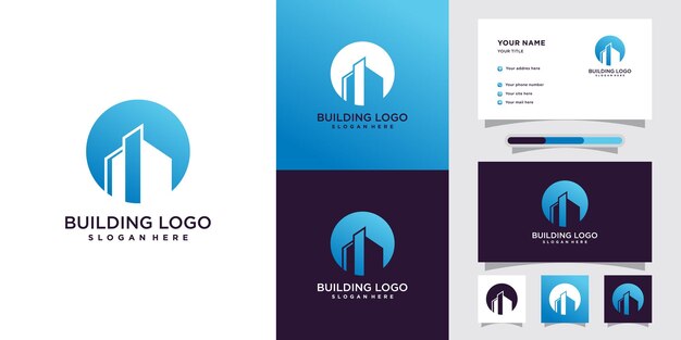 Logotipo de construcción de edificios con concepto de espacio negativo y diseño de tarjeta de visita Vector Premium