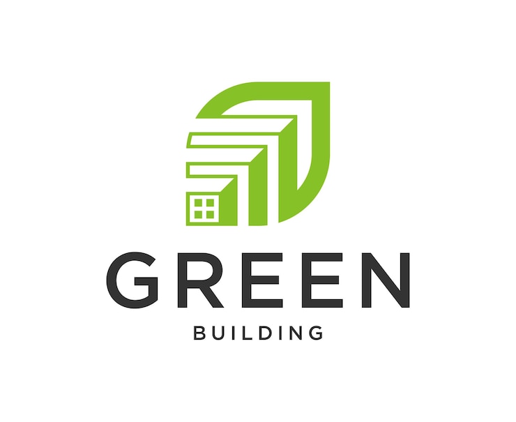 Vector logotipo de construcción con símbolo de ciudad ecológica en plantilla de diseño de color verde