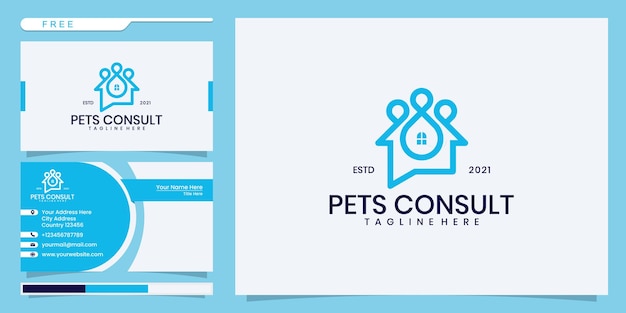 Logotipo de consulta de mascota azul, casa de chat con huellas de animales. diseño de logotipo y tarjeta de presentación