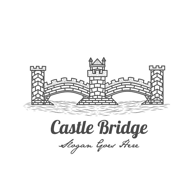 Vector logotipo de contorno de arte de línea vintage del puente, puente viejo, puente del castillo