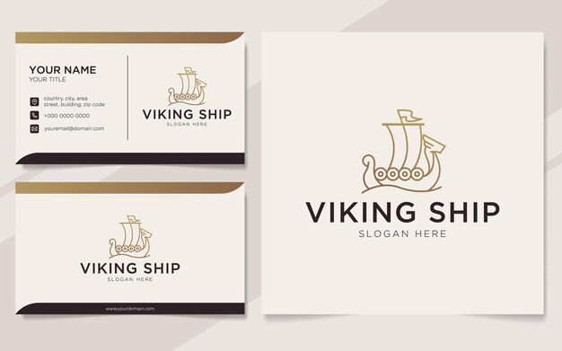 Logotipo de contorno de barco vikingo de lujo y plantilla de tarjeta de visita