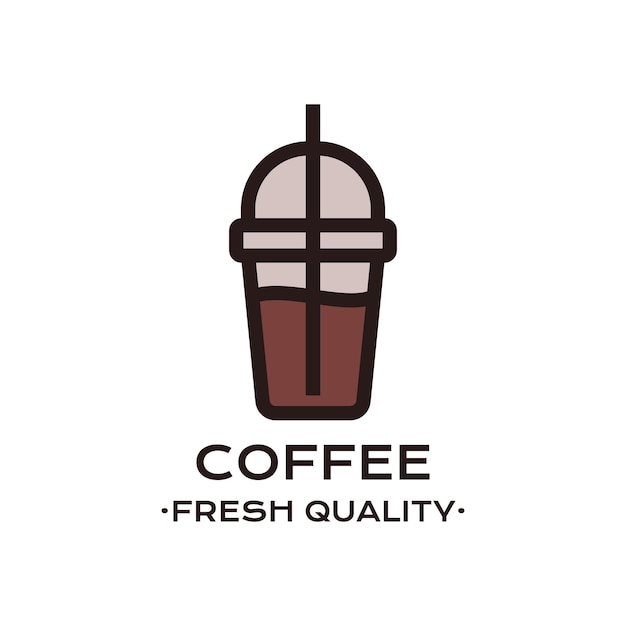 Logotipo de contorno de vaso de plástico con café frío y paja