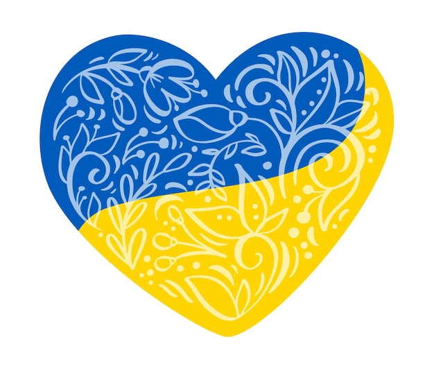 Logotipo de corazón floral vectorial Lindas flores dispuestas en forma de corazón en colores de la bandera de Ucrania Sin guerra, sin conflicto