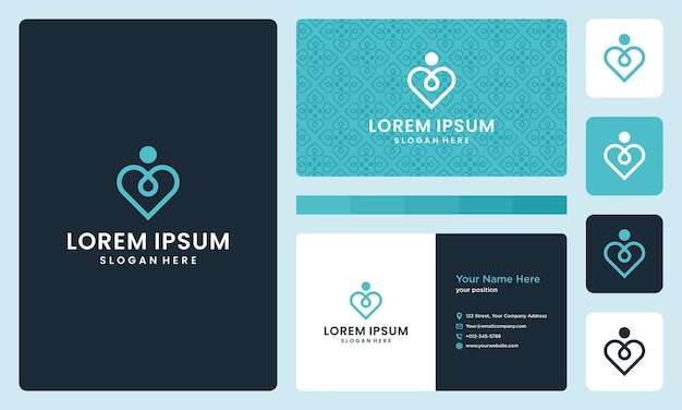 Logotipo del corazón y a la gente le gusta el yoga. Plantilla de diseño de tarjeta de visita