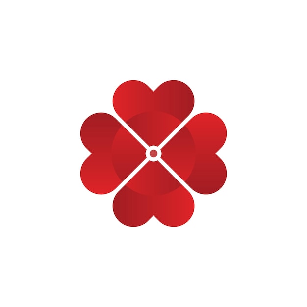 Un logotipo de corazón rojo con una hoja en forma de corazón y un trébol de hojas.