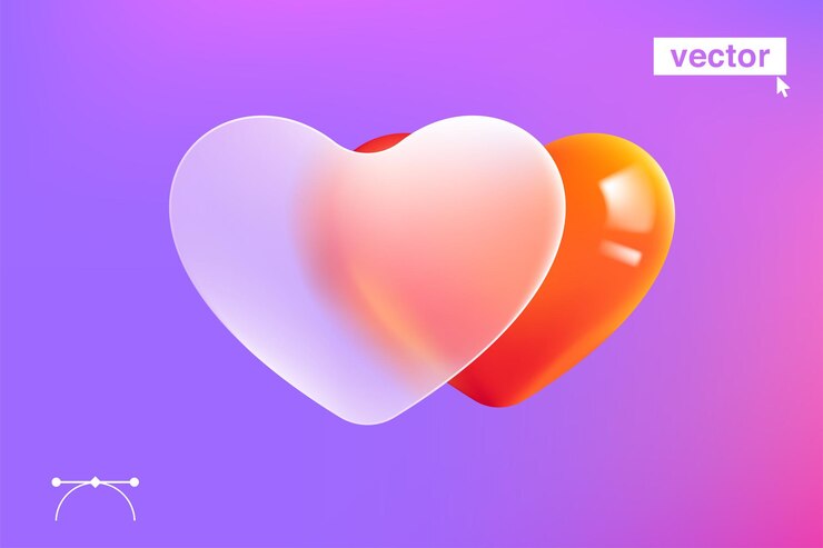 Vector logotipo de corazón vivo en estilo de morfismo de vidrio plantilla de tema de amor con marco de vidrio mate