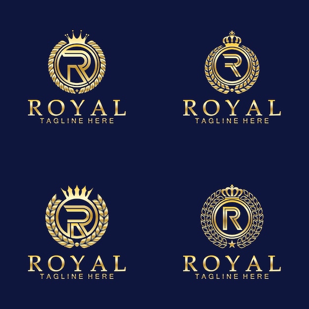 Vector logotipo de la corona real inicial r rey real reina símbolo de lujo emblema de fuente