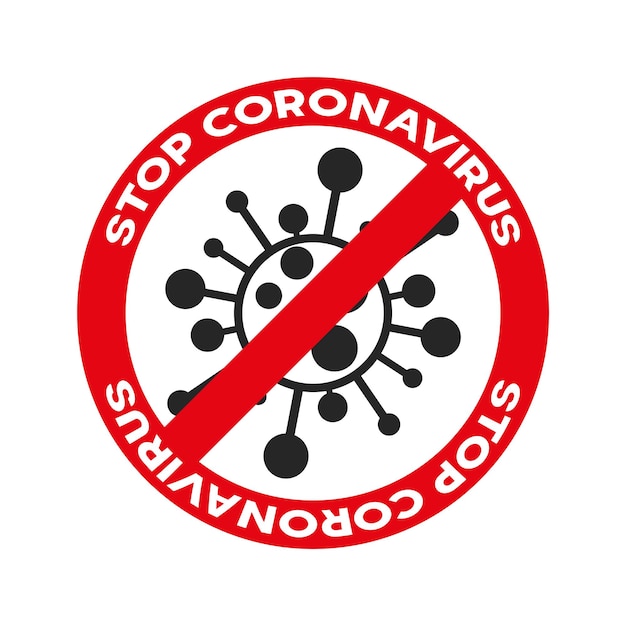 Logotipo de coronavirus, ncov, covid - 19. señal de advertencia. icono de dibujos animados de virus con inscripción simple y símbolo de parada rojo. diseño de bacterias vectoriales.