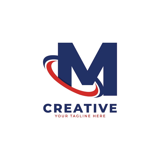 Logotipo de Corporation Letter M con Creative Circle Swoosh Orbit Icon Vector en color azul y rojo