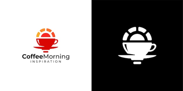 Vector el logotipo creativo del café de la mañana, el logotipo del café inteligente, la taza de café, la bombilla solar, el amanecer.