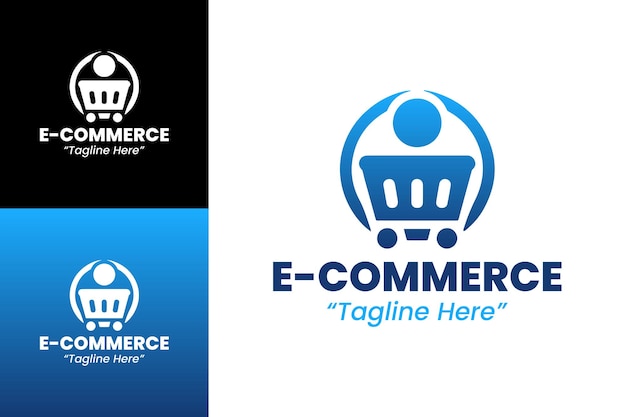 Logotipo creativo de comercio electrónico en naranja y azul para plataformas de comercio electrónico