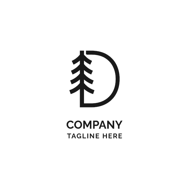 Logotipo creativo de la letra d con árbol de bosque de pinos