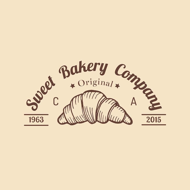 Logotipo de croissant icono de panadería vintage cartel tipográfico vectorial emblema retro de galleta dulce etiqueta de pastelería hipster signo de galleta ilustración de productos del desierto