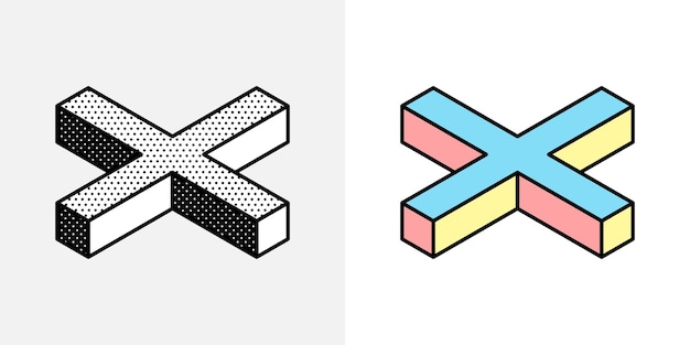 Logotipo cruzado isométrico Signo de ilusión óptica Iconos retro 3D con lunares blancos y negros y opciones de colores Vector forma imposible para etiquetas de semitono carteles vintage de la compañía criptográfica