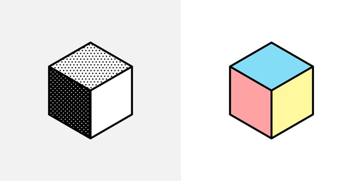 Vector logotipo cúbico isométrico signo de ilusión óptica iconos retro 3d con lunares blancos y negros y opciones de colores vector forma imposible para etiquetas de semitono carteles vintage de la empresa criptográfica