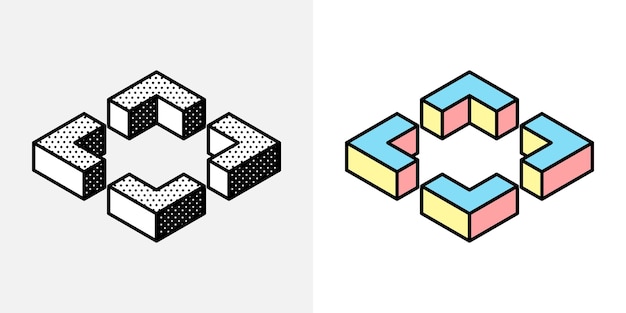 Logotipo cúbico isométrico Signo de ilusión óptica Iconos retro 3D con lunares blancos y negros y opciones de colores Vector forma imposible para etiquetas de semitono carteles vintage de la empresa criptográfica
