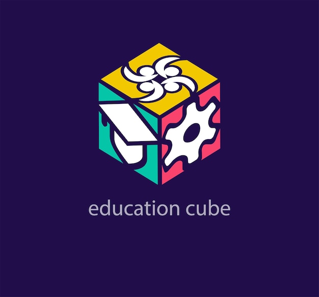 Logotipo de cubo de educación creativa diseño único transiciones de color gorra de graduación de escuela privada