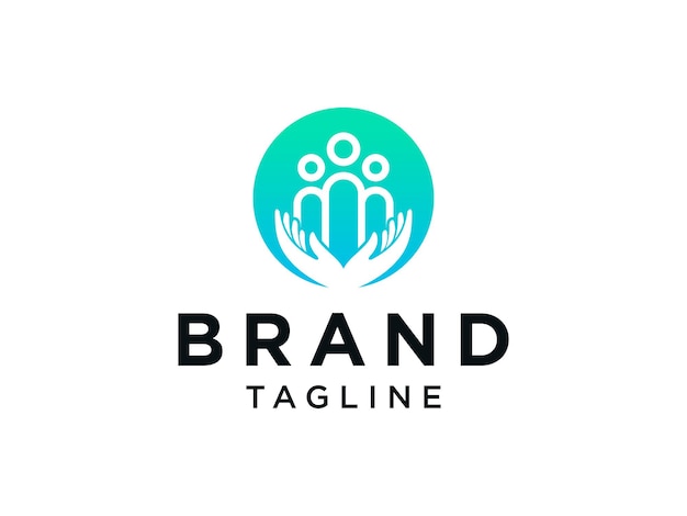 Logotipo de cuidado familiar. Forma de círculo azul con espacio negativo humano y combinación de dos manos.
