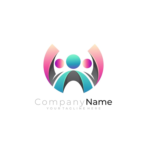 Logotipo de cuidado familiar con plantilla de diseño social personas coloridas en 3D