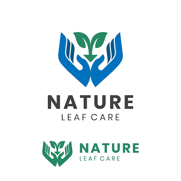 Logotipo de cuidado de hoja de icono de mano con concepto de diseño de planta para biología médico diseño de logotipo natural de primavera herbal