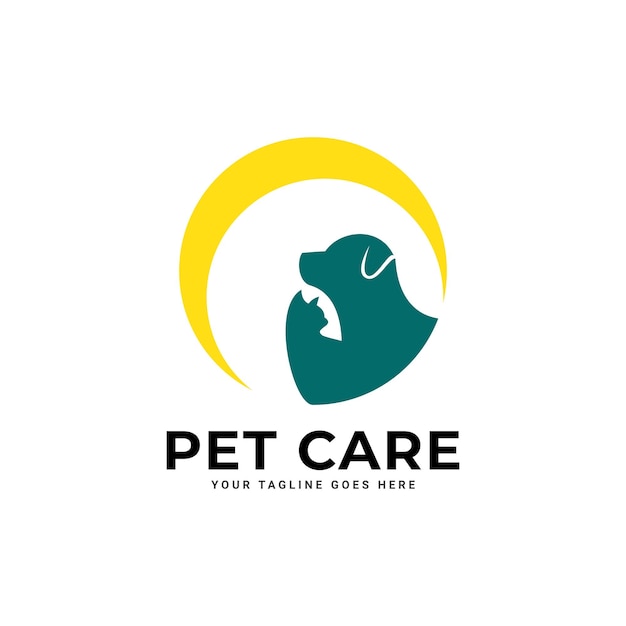 Logotipo de cuidado de mascotas con símbolos de perro, gato y mano.