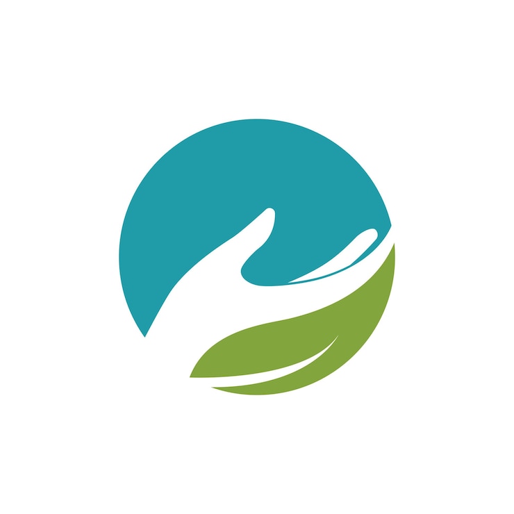 Vector logotipo de cuidado de la naturaleza con manos y hojas