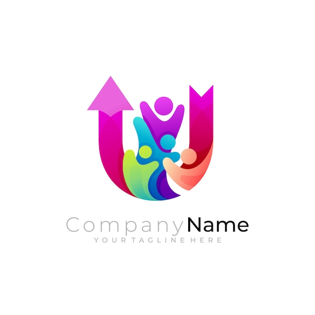 Vector logotipo de cuidado de personas con letra u diseño familia social y flecha