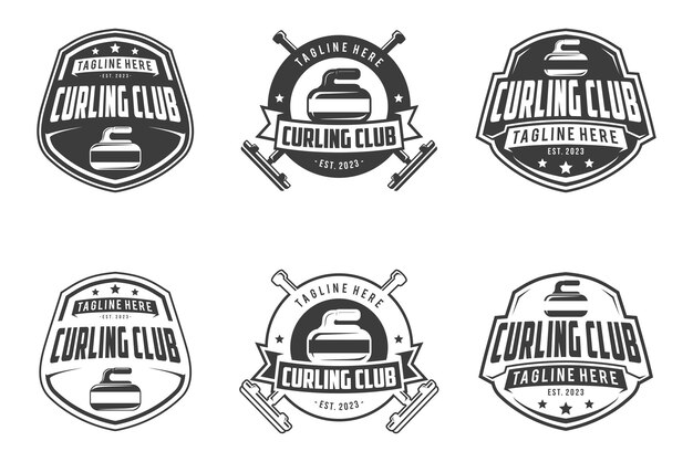 Vector logotipo de curling conjunto de insignia de emblema de curling deporte diseño vectorial insignias de estilo monocromo de curling