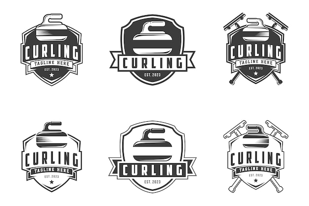 Logotipo de curling Conjunto de insignia de emblema de curling deporte diseño vectorial insignias de estilo monocromo de curling