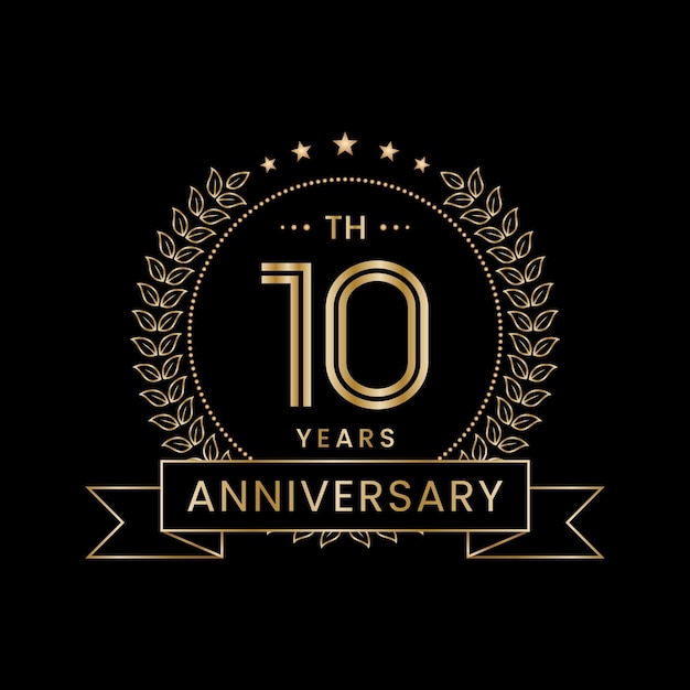 Logotipo del décimo aniversario con corona de laurel dorada Diseño de vectores de arte lineal
