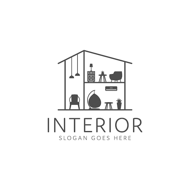 Logotipo de decoración de interiores para el hogar, mesa y sillas de interior