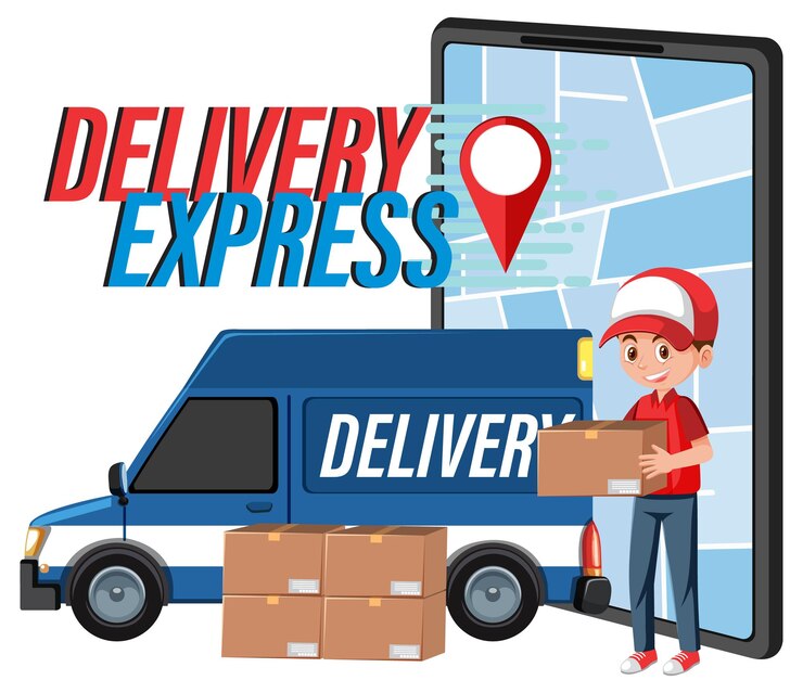 Vector logotipo de delivery express con furgoneta y mensajero