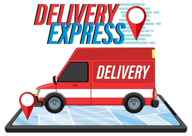 Logotipo de Delivery Express con furgoneta de panel y pasador de ubicación