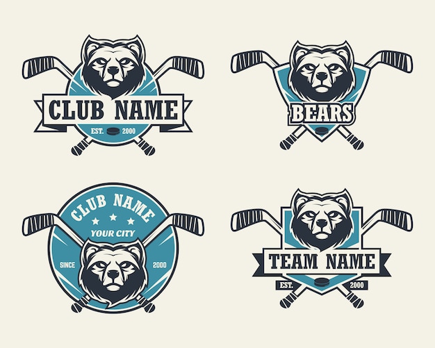 Logotipo del deporte cabeza de oso. conjunto de logotipos de hockey.