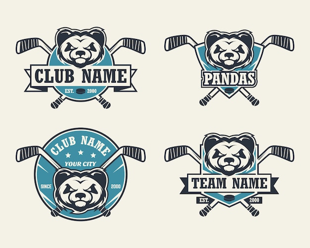 Logotipo del deporte cabeza de panda. Conjunto de logotipos de hockey.