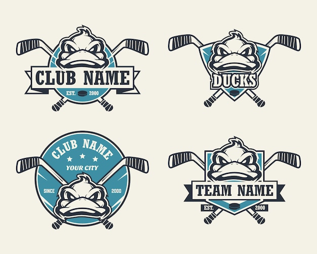 Logotipo del deporte cabeza de pato. Conjunto de logotipos de hockey.