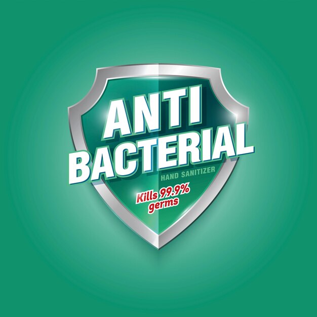 Vector el logotipo del desinfectante antibacteriano para las manos, la etiqueta antiséptica del gel desinfektante, el escudo brillante verde y plateado