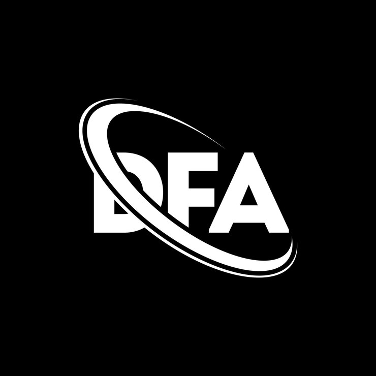 Vector el logotipo de dfa, la letra dfa, el diseño del logotipo de la carta dfa, las iniciales, el logotipo dfa vinculado con un círculo y un monograma en mayúsculas, la tipografía dfa para el negocio tecnológico y la marca inmobiliaria.