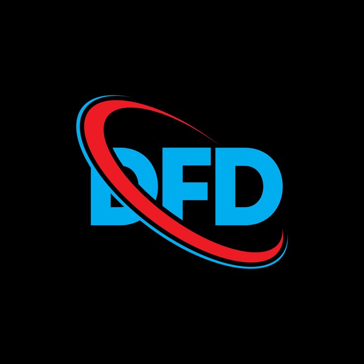 Vector el logotipo dfd, la letra dfd, el diseño del logotipo de la carta dfd, las iniciales, el logotipo del dfd vinculado con un círculo y un monograma en mayúsculas, la tipografía del dfd para el negocio tecnológico y la marca inmobiliaria.