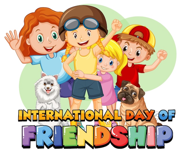 Vector logotipo del día internacional de la amistad con niños y perros lindos.